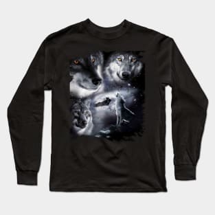 Space Wolves 3 Three Snow Wolf Howling At Moon Long Sleeve T-Shirt